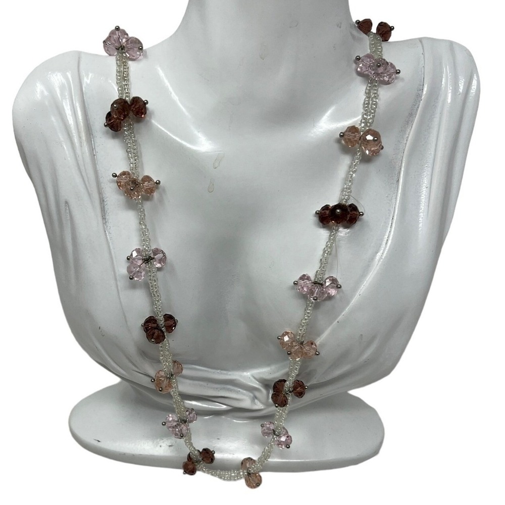 Silver White Seed Beaded Necklace Pink and Purple Faceted Beads 42 inches